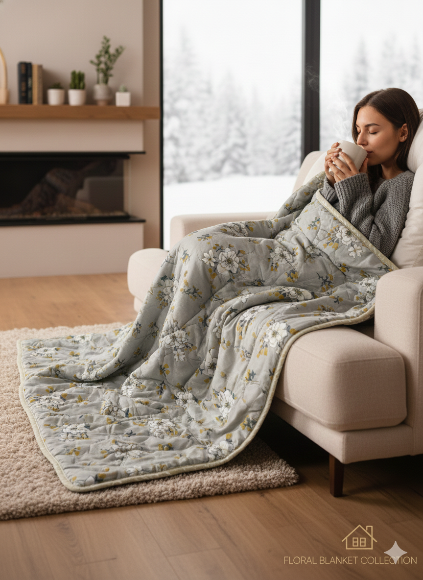 Grey Blossom Harmony | Single 2-in-1 Reversible Blanket / Dohar